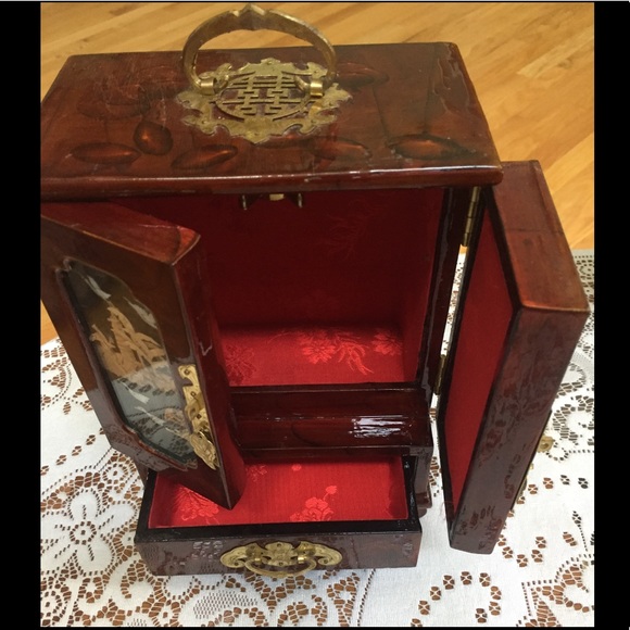 Chinese gold crane tree carved wood jewelry box - Picture 2 of 7